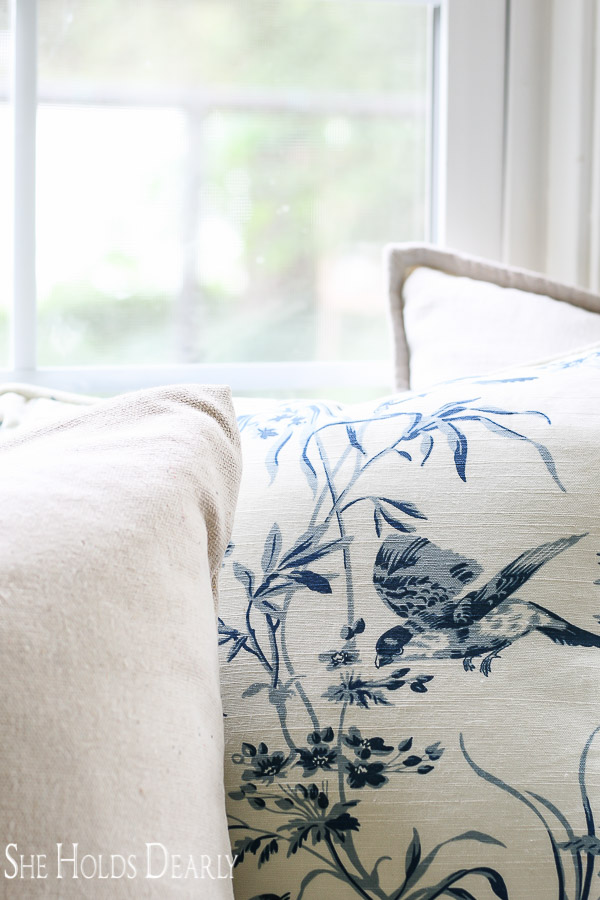Summer Farmhouse Decor with blue bird patterned pillows covers from Etsy