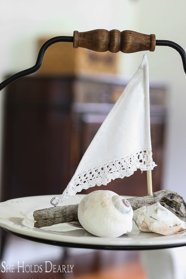 Summer Farmhouse Decor tiny driftwood sail boat with handkerchief and shells