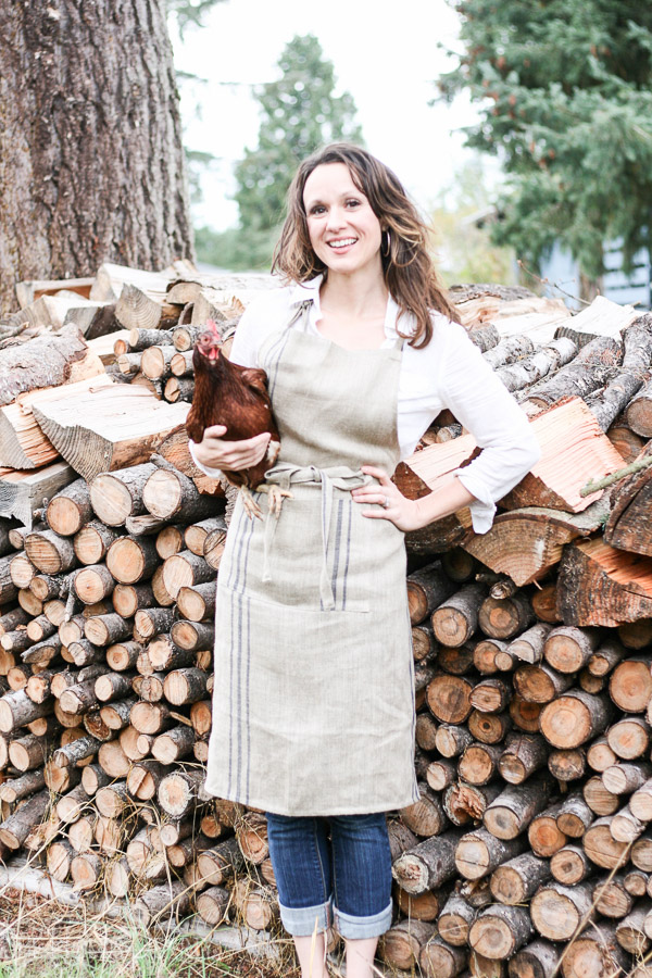 grainsack apron, red star chicken, fire wood, stack of wood