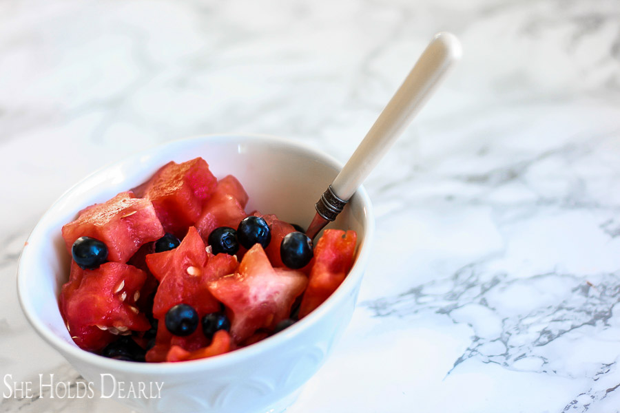 Need a quick and easy salad for the 4th of July? How about one that takes just two ingredients? Here is a cute one using only blueberries and watermelon!