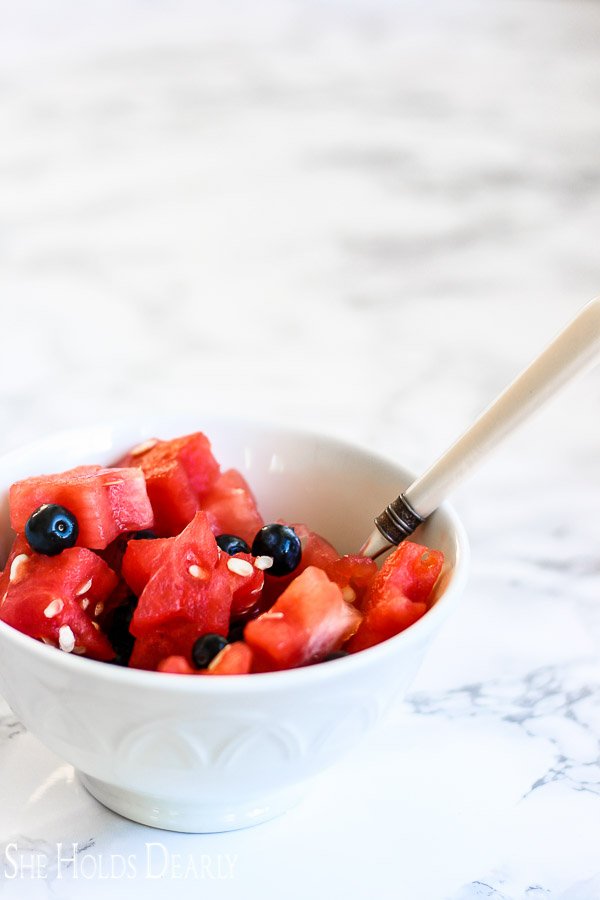 Need a quick and easy salad for the 4th of July? How about one that takes just two ingredients? Here is a cute one using only blueberries and watermelon!